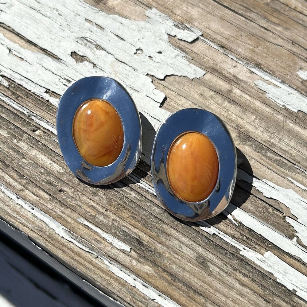 Vintage Rhea Large Oval Butterscotch Egg Yolk Clip On Earrings